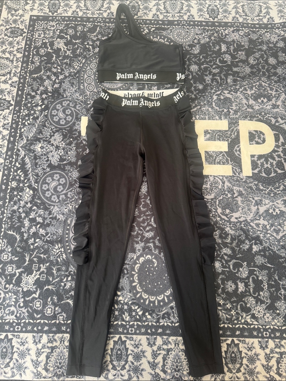 Palm Angels Set Black Leggings with Side Ruffles and Branded Waist